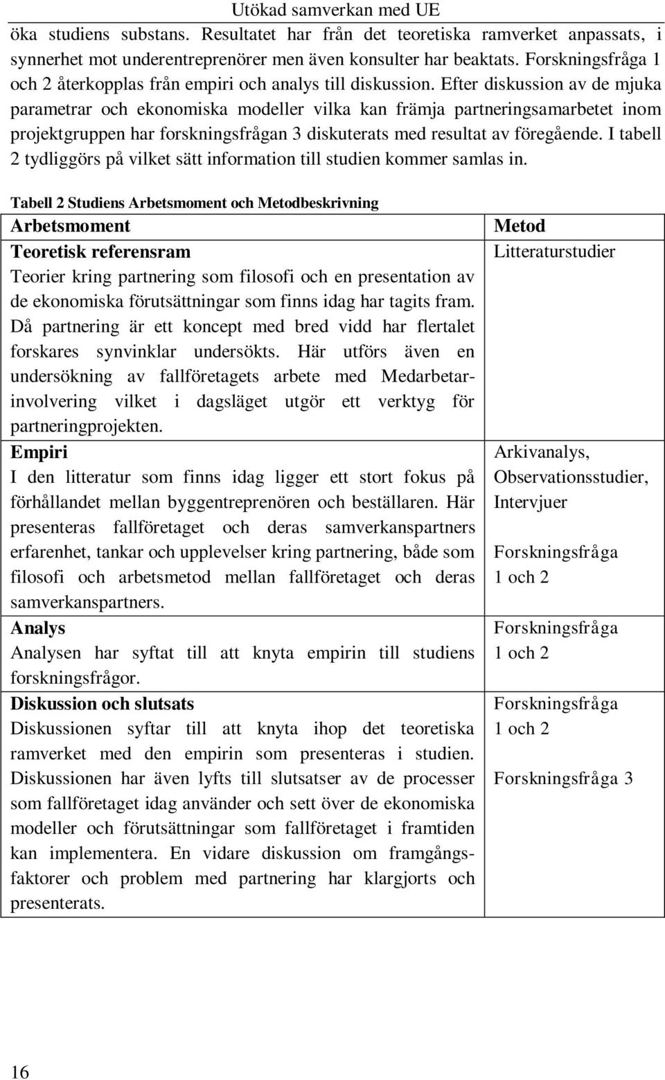 Efter diskussion av de mjuka parametrar och ekonomiska modeller vilka kan främja partneringsamarbetet inom projektgruppen har forskningsfrågan 3 diskuterats med resultat av föregående.