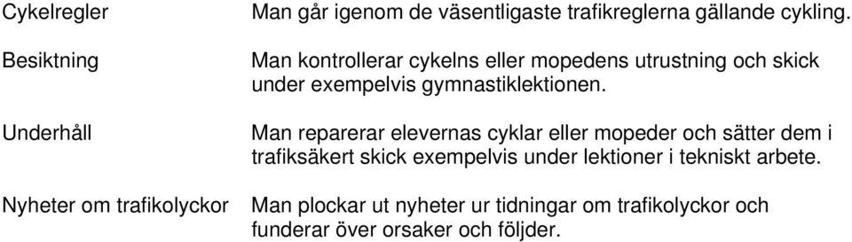 Man kontrollerar cykelns eller mopedens utrustning och skick under exempelvis gymnastiklektionen.