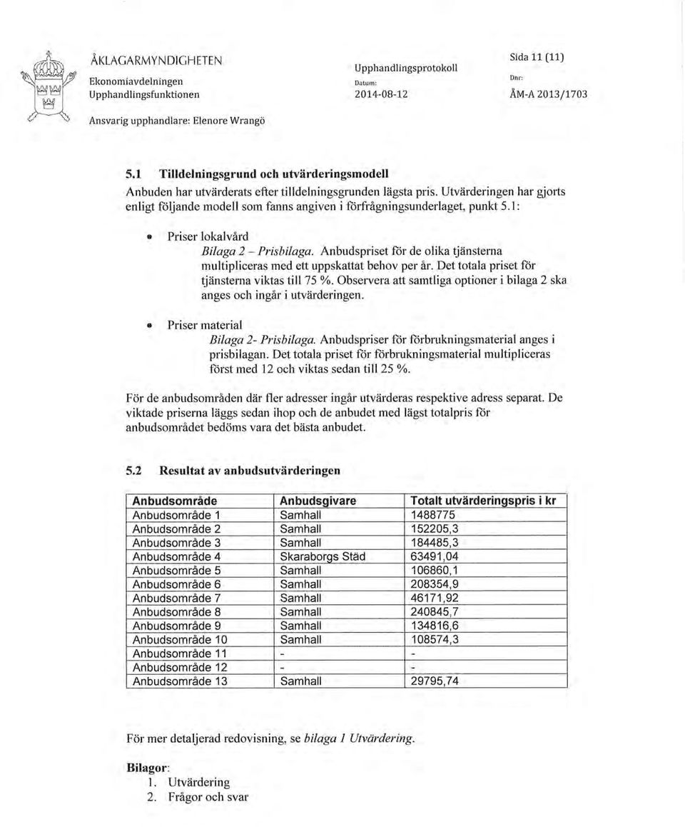 Utvärderingen har gjorts enligt foljande modell som fanns angiven i forfrågningsunderlaget, punkt 5.1: o a Priser lokalvård Bilaga 2 - Prisbilaga.