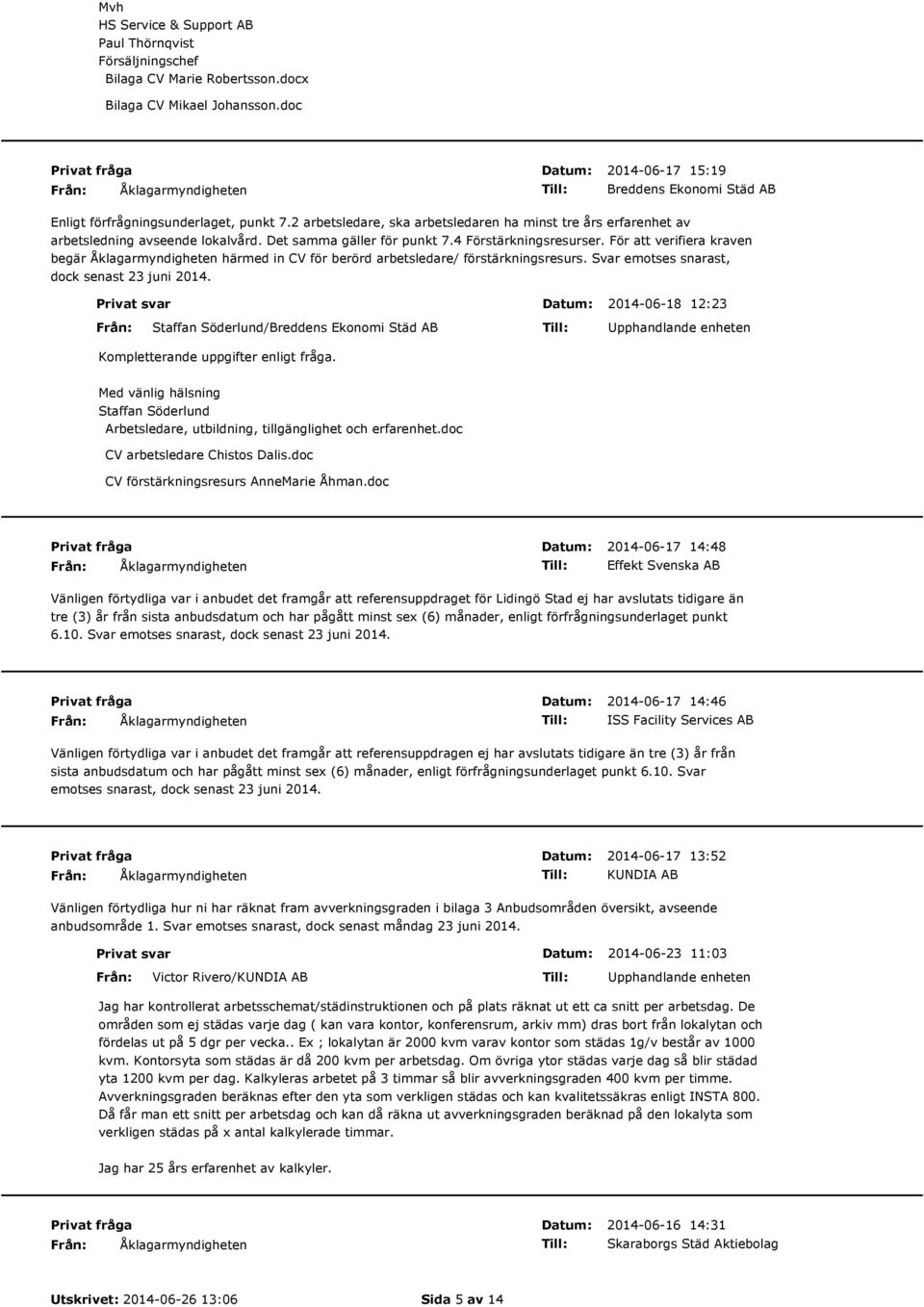 För att verifiera kraven begär härmed in CV för berörd arbetsledare/ förstärkningsresurs. Svar emotses snarast, dock senast 23 juni 2014.