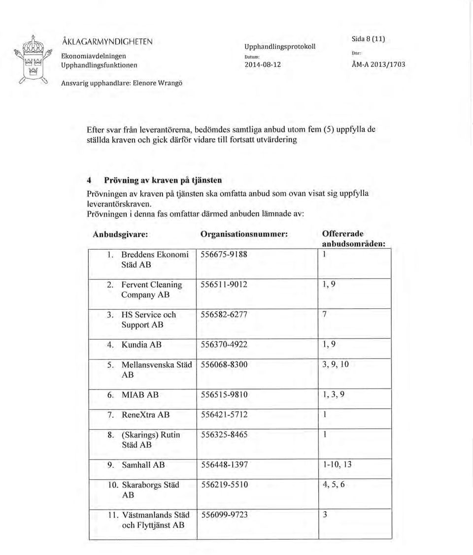 Prövningav kraven på tjänsten Prövningen av kraven på tjänsten ska omfatta anbud som ovan visat sig uppfulla leverantörskraven.