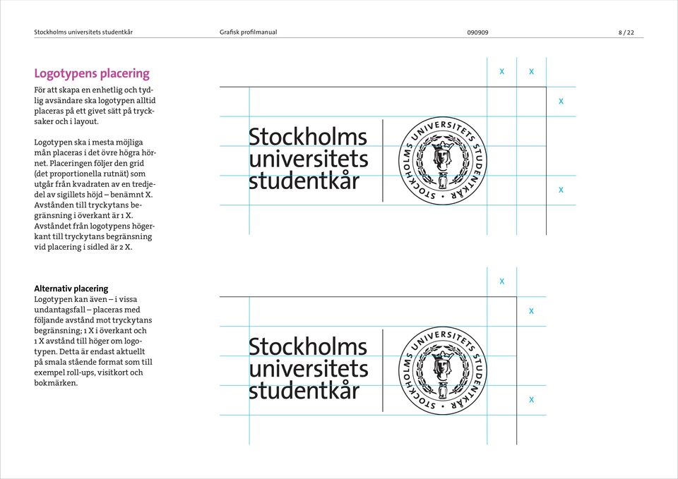 Placeringen följer den grid (det proportionella rutnät) som utgår från kvadraten av en tredjedel av sigillets höjd benämnt X. Avstånden till tryckytans begränsning i överkant är 1 X.