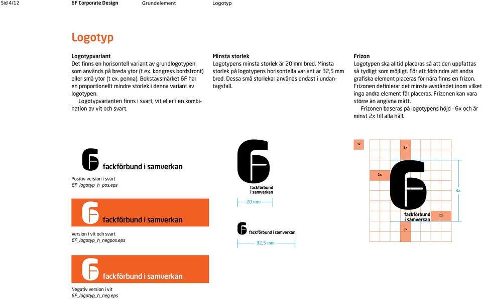 Minsta storlek Logotypens minsta storlek är 20 mm bred. Minsta storlek på logotypens horisontella variant är 32,5 mm bred. Dessa små storlekar används endast i undantagsfall.