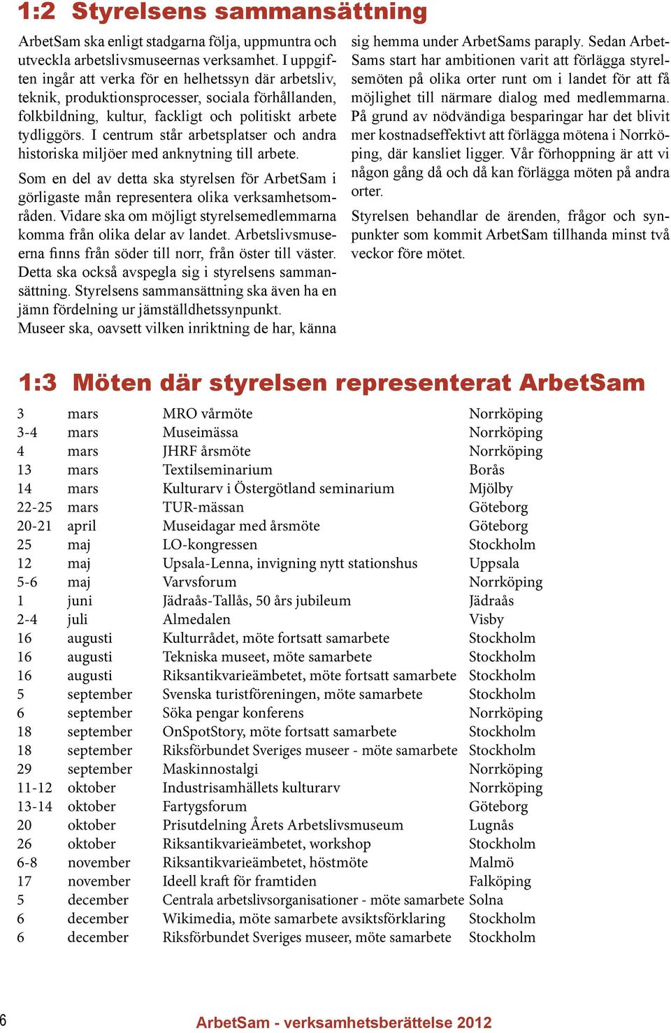 I centrum står arbetsplatser och andra historiska miljöer med anknytning till arbete. Som en del av detta ska styrelsen för ArbetSam i görligaste mån representera olika verksamhetsområden.