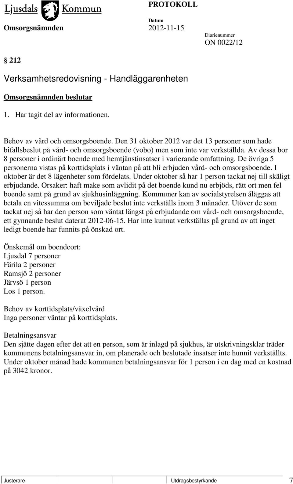 Av dessa bor 8 personer i ordinärt boende med hemtjänstinsatser i varierande omfattning. De övriga 5 personerna vistas på korttidsplats i väntan på att bli erbjuden vård- och omsorgsboende.