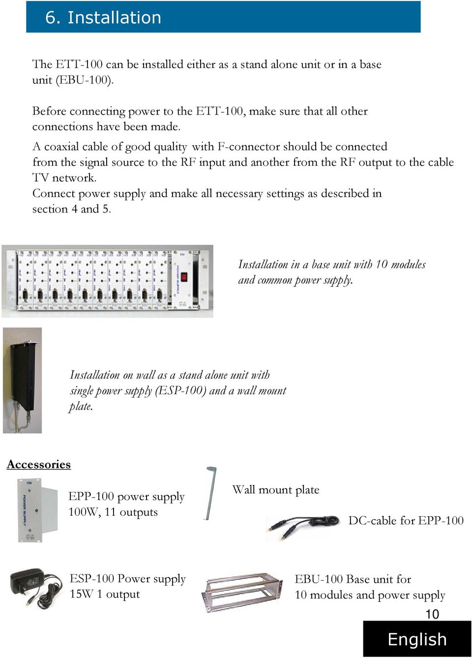 Connect power supply and make all necessary settings as described in section 4 and 5. Installation in a base unit with 10 modules and common power supply.