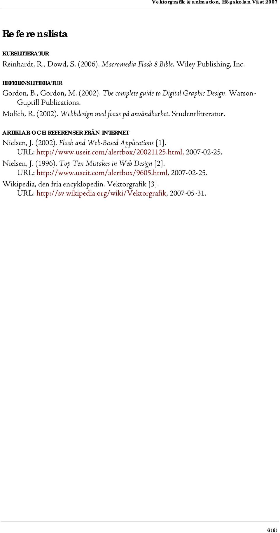 ARTIKLAR OCH REFERENSER FRÅN INTERNET Nielsen, J. (2002). Flash and Web-Based Applications [1]. URL: http://www.useit.com/alertbox/20021125.html, 2007-02-25. Nielsen, J. (1996).