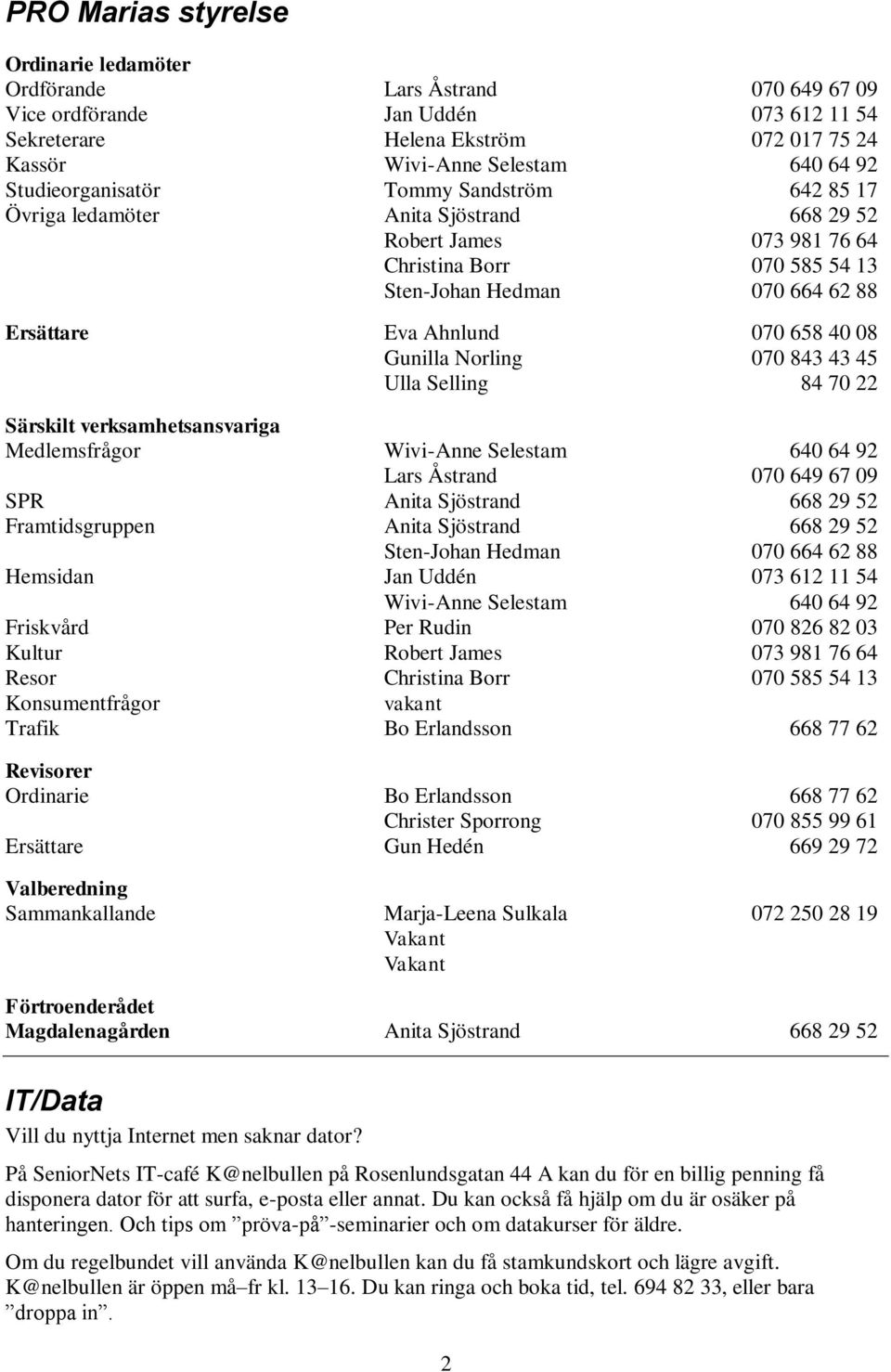 070 658 40 08 Gunilla Norling 070 843 43 45 Ulla Selling 84 70 22 Särskilt verksamhetsansvariga Medlemsfrågor Wivi-Anne Selestam 640 64 92 Lars Åstrand 070 649 67 09 SPR Anita Sjöstrand 668 29 52