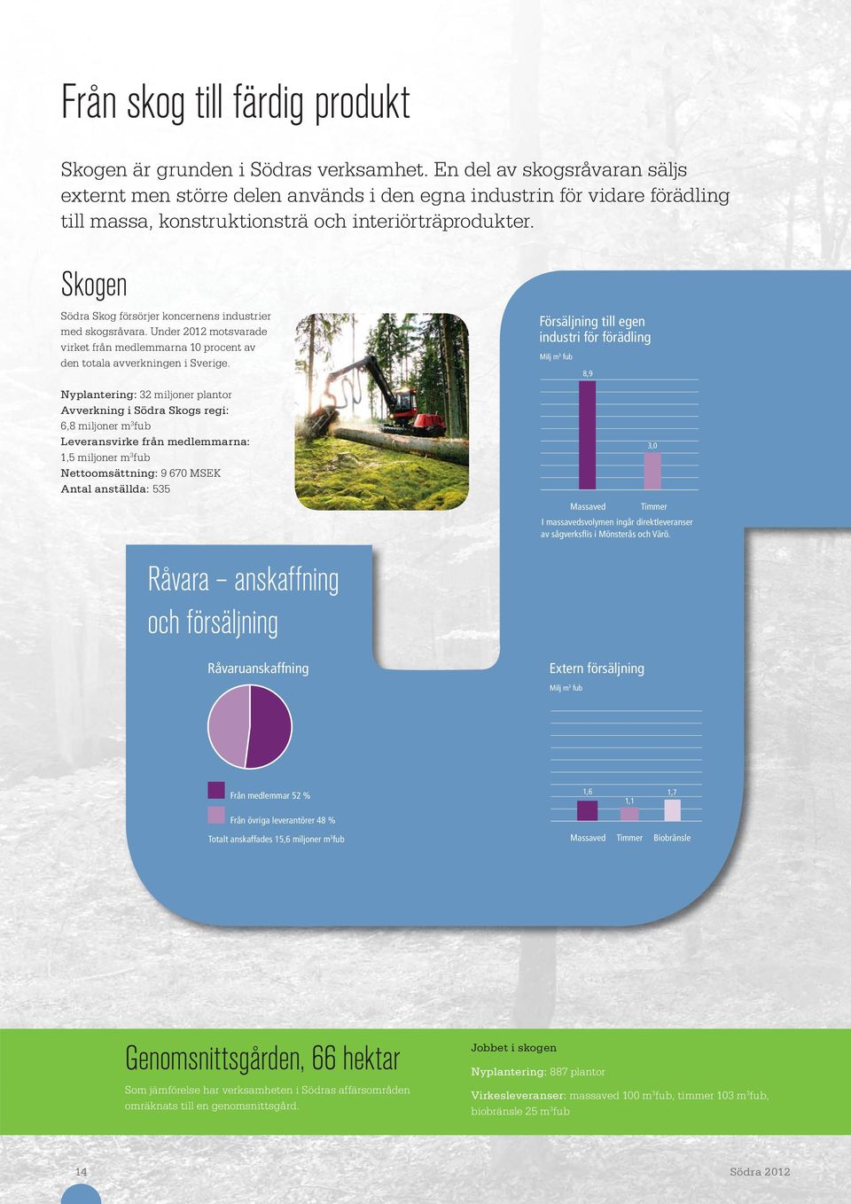 Skogen Södra Skog försörjer koncernens industrier med skogsråvara. Under 2012 motsvarade virket från medlemmarna 10 procent av den totala avverkningen i Sverige.