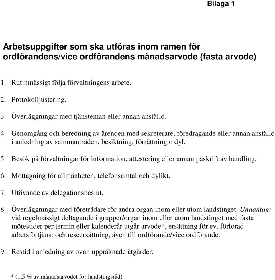 5. Besök på förvaltningar för information, attestering eller annan påskrift av handling. 6. Mottagning för allmänheten, telefonsamtal och dylikt. 7. Utövande av delegationsbeslut. 8.