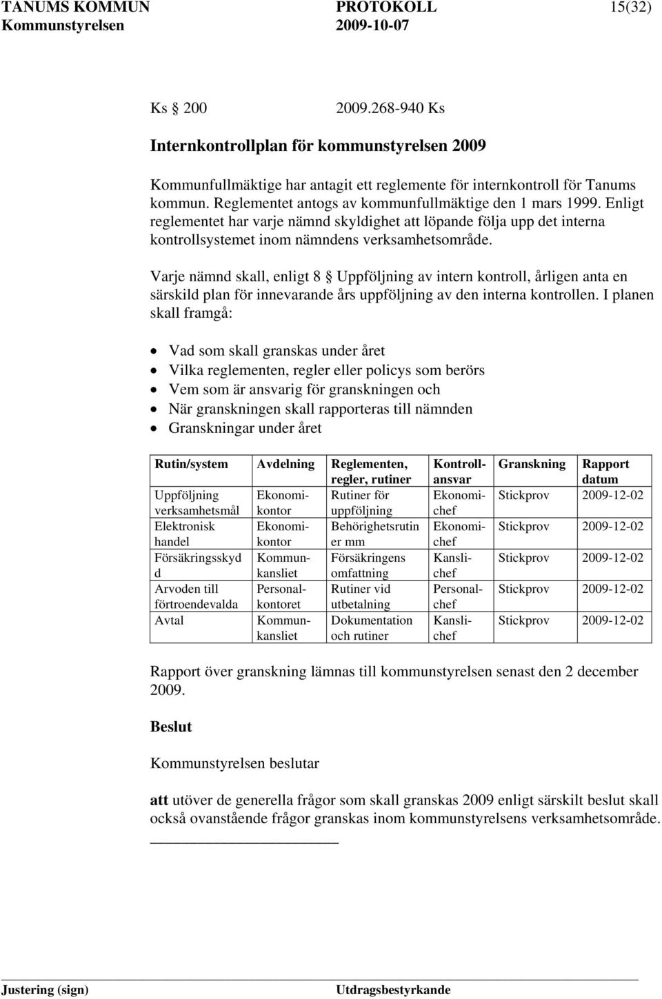 Varje nämnd skall, enligt 8 Uppföljning av intern kontroll, årligen anta en särskild plan för innevarande års uppföljning av den interna kontrollen.