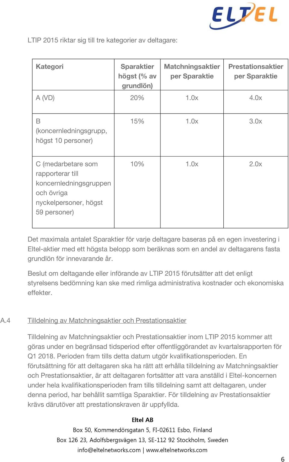 0x Det maximala antalet Sparaktier för varje deltagare baseras på en egen investering i Eltel-aktier med ett högsta belopp som beräknas som en andel av deltagarens fasta grundlön för innevarande år.