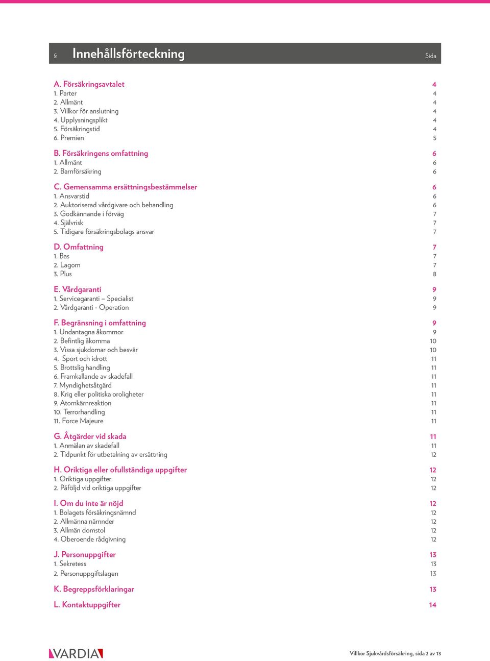 Tidigare försäkringsbolags ansvar 7 D. Omfattning 7 1. Bas 7 2. Lagom 7 3. Plus 8 E. Vårdgaranti 9 1. Servicegaranti Specialist 9 2. Vårdgaranti - Operation 9 F. Begränsning i omfattning 9 1.