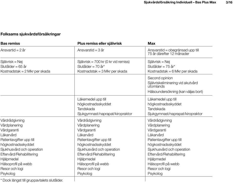 skada Kostnadstak = 6 Mkr per skada Läkemedel upp till högkostnadsskyddet Tandskada Sjukgymnast/naprapat/kiropraktor Second opinion Självriskeliminering vid akutvård utomlands Hälsoundersökning (kan