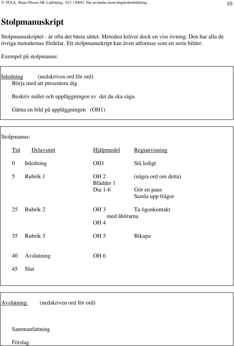 Exempel på stolpmanus: Inledning (nedskriven ord för ord) Börja med att presentera dig Beskriv målet och uppläggningen av det du ska säga.