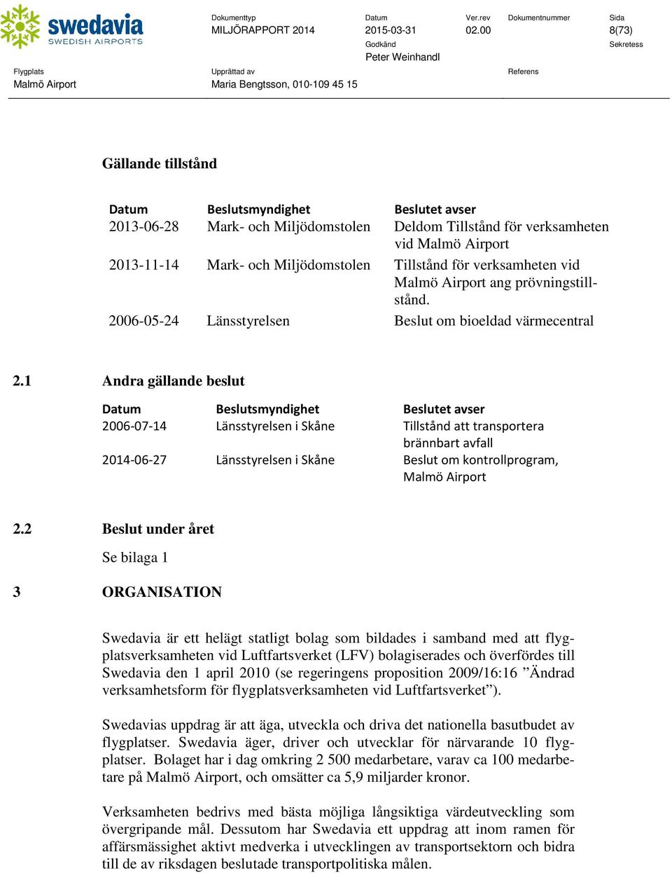 för verksamheten vid Malmö Airport ang prövningstillstånd. 2006-05-24 Länsstyrelsen Beslut om bioeldad värmecentral 2.