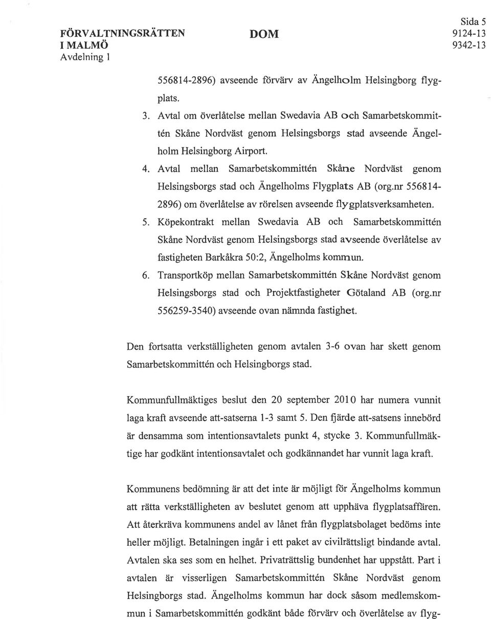 Avtal mellan Samarbetskommitten Skåne Nordväst genom Helsingsborgs stad och Ängelholms Flygplats AB (org.nr 55