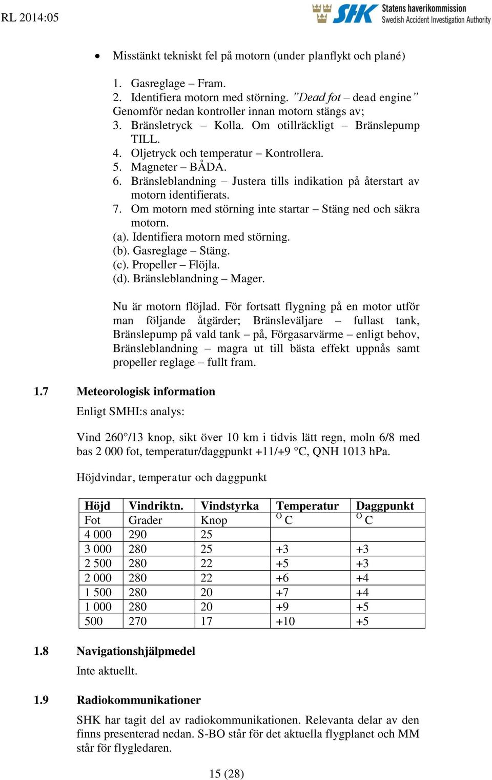 Om motorn med störning inte startar Stäng ned och säkra motorn. (a). Identifiera motorn med störning. (b). Gasreglage Stäng. (c). Propeller Flöjla. (d). Bränsleblandning Mager. Nu är motorn flöjlad.