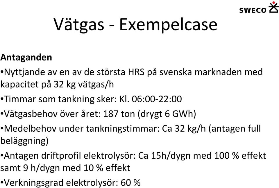 06:00-22:00 Vätgasbehov över året: 187 ton (drygt 6 GWh) Medelbehov under tankningstimmar: Ca 32