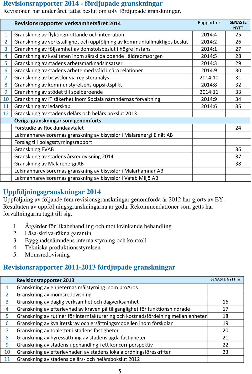 2014:2 26 3 Granskning av följsamhet av domstolsbeslut i högre instans 2014:1 27 4 Granskning av kvaliteten inom särskilda boende i äldreomsorgen 2014:5 28 5 Granskning av stadens