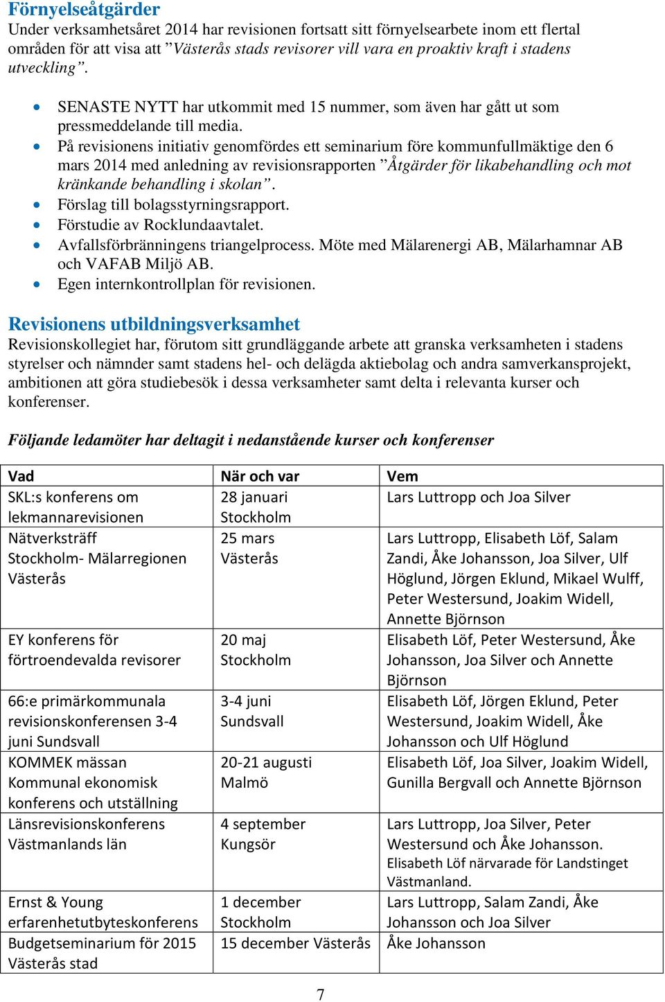 På revisionens initiativ genomfördes ett seminarium före kommunfullmäktige den 6 mars 2014 med anledning av revisionsrapporten Åtgärder för likabehandling och mot kränkande behandling i skolan.