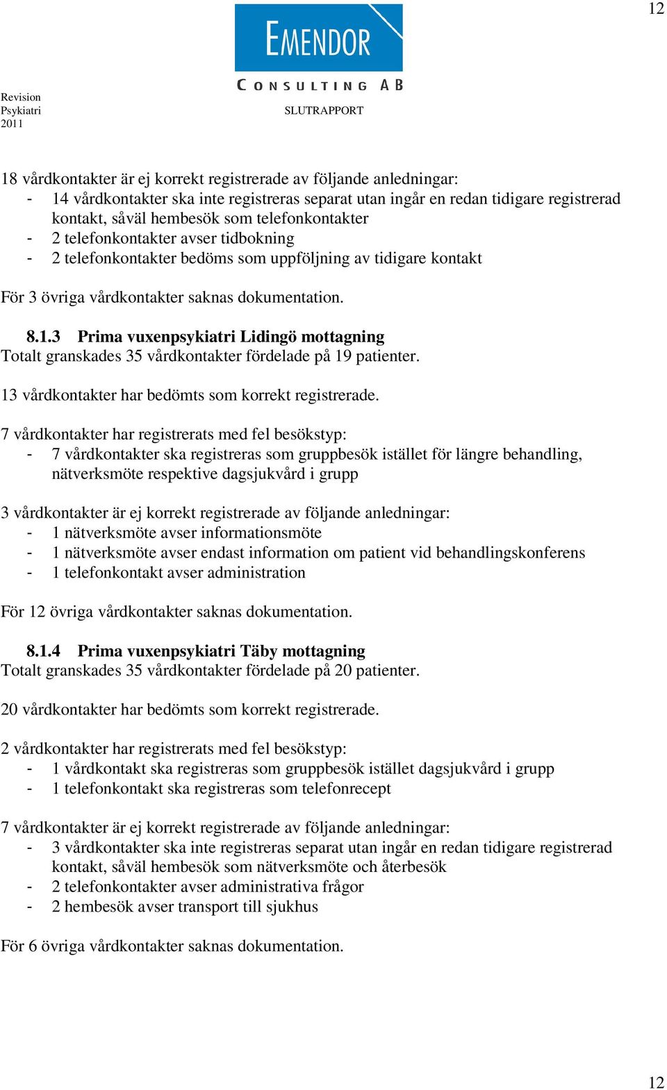 3 Prima vuxenpsykiatri Lidingö mottagning Totalt granskades 35 vårdkontakter fördelade på 19 patienter. 13 vårdkontakter har bedömts som korrekt registrerade.