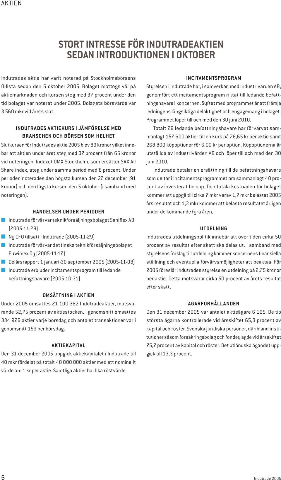 INDUTRADES AKTIEKURS I JÄMFÖRELSE MED BRANSCHEN OCH BÖRSEN SOM HELHET Slutkursen för Indutrades aktie 2005 blev 89 kronor vilket innebar att aktien under året steg med 37 procent från 65 kronor vid