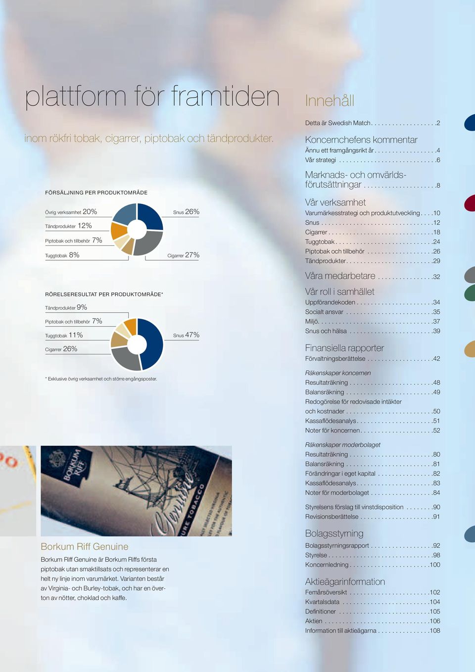 ....................8 Vår verksamhet Varumärkesstrategi och produktutveckling....10 Snus................................12 Cigarrer..............................18 Tuggtobak............................24 Piptobak och tillbehör.