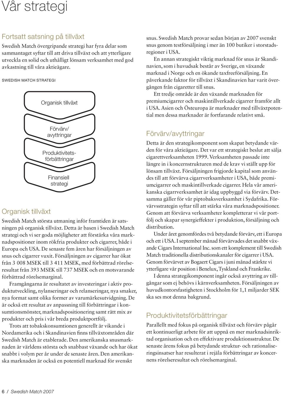 SWEDISH MATCH STRATEGI Organisk tillväxt Organisk tillväxt Förvärv/ avyttringar Produktivitetsförbättringar Finansiell strategi Swedish Match största utmaning inför framtiden är satsningen på