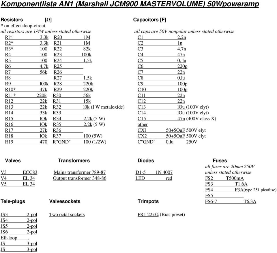 5k C8 0,lu R9 l00k R28 220k C9 100p R10* 47k R29 220k C10 100p Rl1 * 220k R30 56k C11 22n R12 22k R31 15k C12 22n R13 22k R32 l0k (I W metaloxide) C13 lou (100V elyt) R14 33k R33 C14 lou (100V elyt)