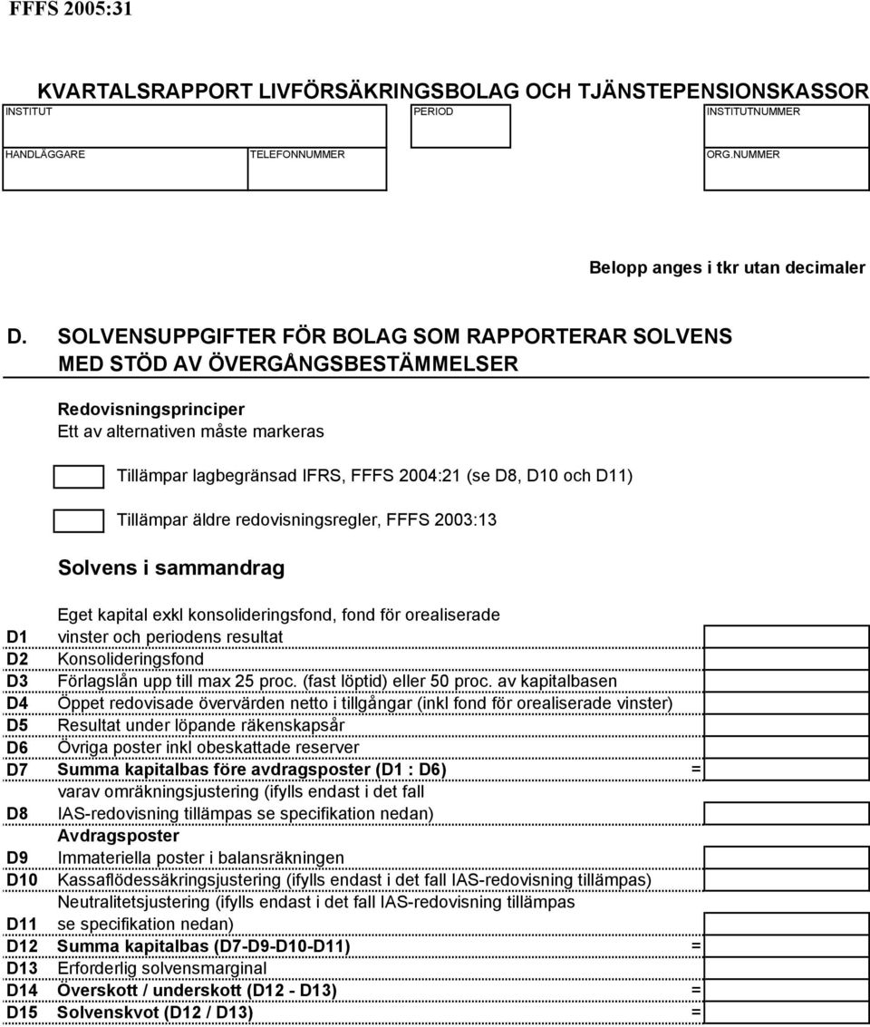 D11) Tillämpar äldre redovisningsregler, FFFS 2003:13 Solvens i sammandrag Eget kapital exkl konsolideringsfond, fond för orealiserade D1 vinster och periodens resultat D2 Konsolideringsfond D3