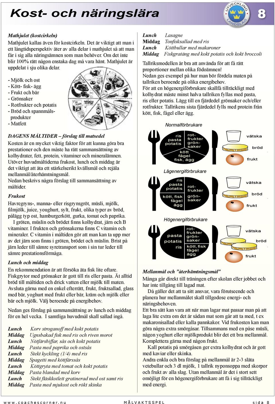 - Mjölk och ost - Kött- fisk- ägg - Frukt och bär - Grönsaker - Rotfrukter och potatis - Bröd och spannmålsprodukter - Matfett DAGENS MÅLTIDER förslag till matsedel Kosten är en mycket viktig faktor