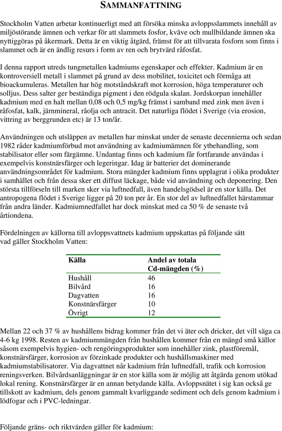 I denna rapport utreds tungmetallen kadmiums egenskaper och effekter. Kadmium är en kontroversiell metall i slammet på grund av dess mobilitet, toxicitet och förmåga att bioackumuleras.