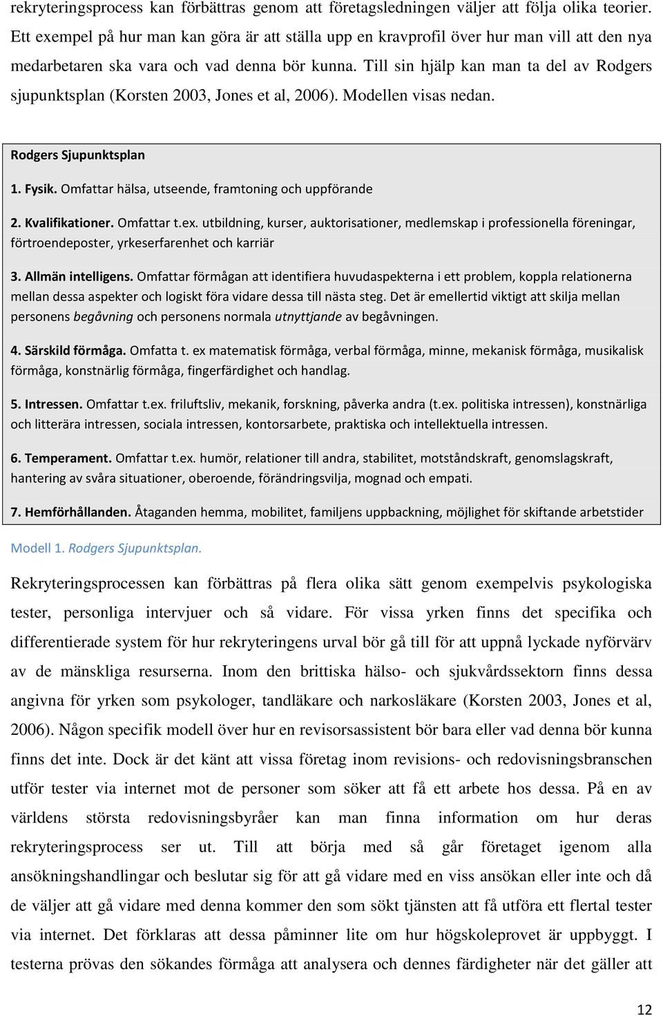 Till sin hjälp kan man ta del av Rodgers sjupunktsplan (Korsten 2003, Jones et al, 2006). Modellen visas nedan. Rodgers Sjupunktsplan 1. Fysik. Omfattar hälsa, utseende, framtoning och uppförande 2.