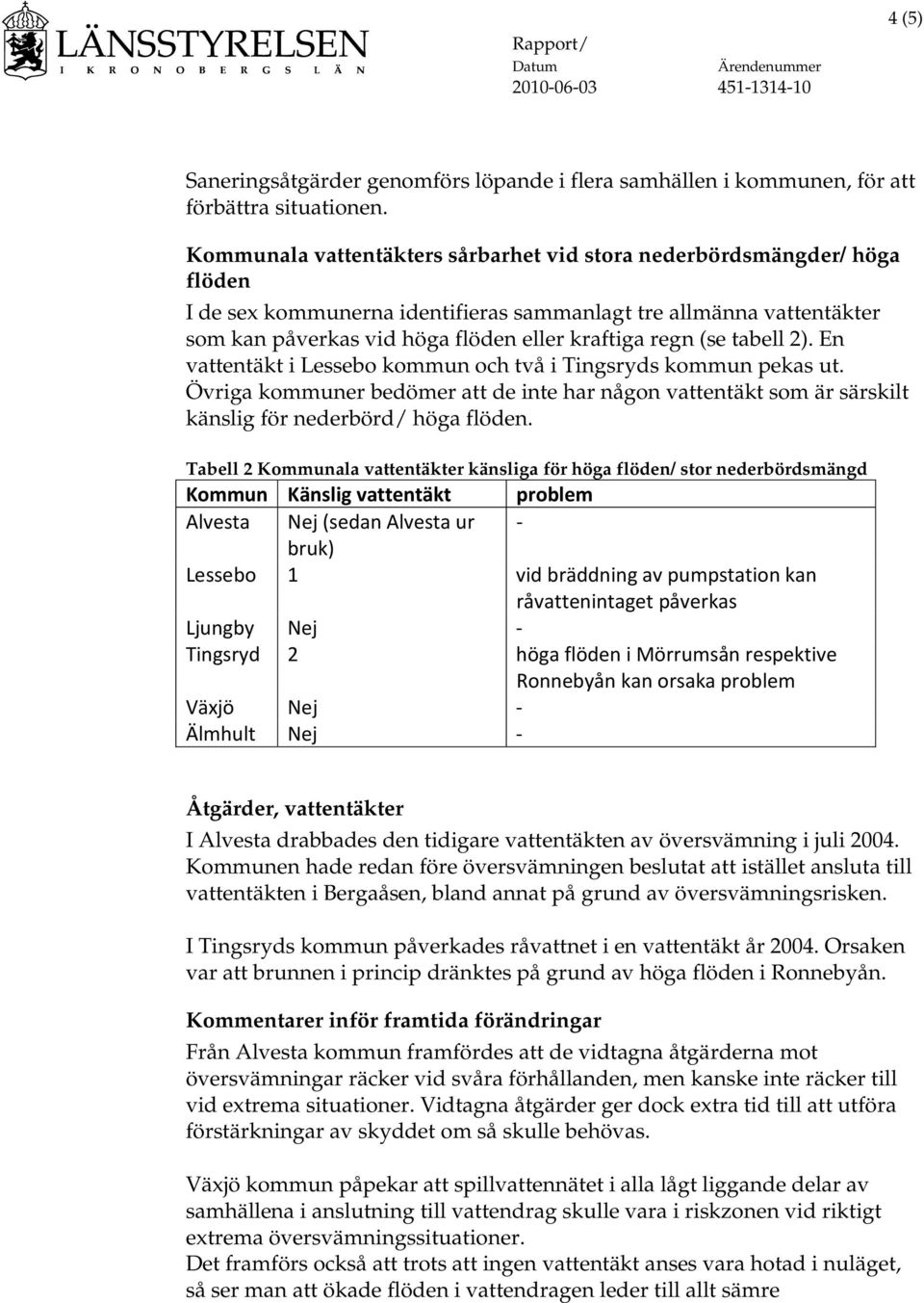 (se tabell 2). En vattentäkt i Lessebo kommun och två i Tingsryds kommun pekas ut. Övriga kommuner bedömer att de inte har någon vattentäkt som är särskilt känslig för nederbörd/ höga flöden.