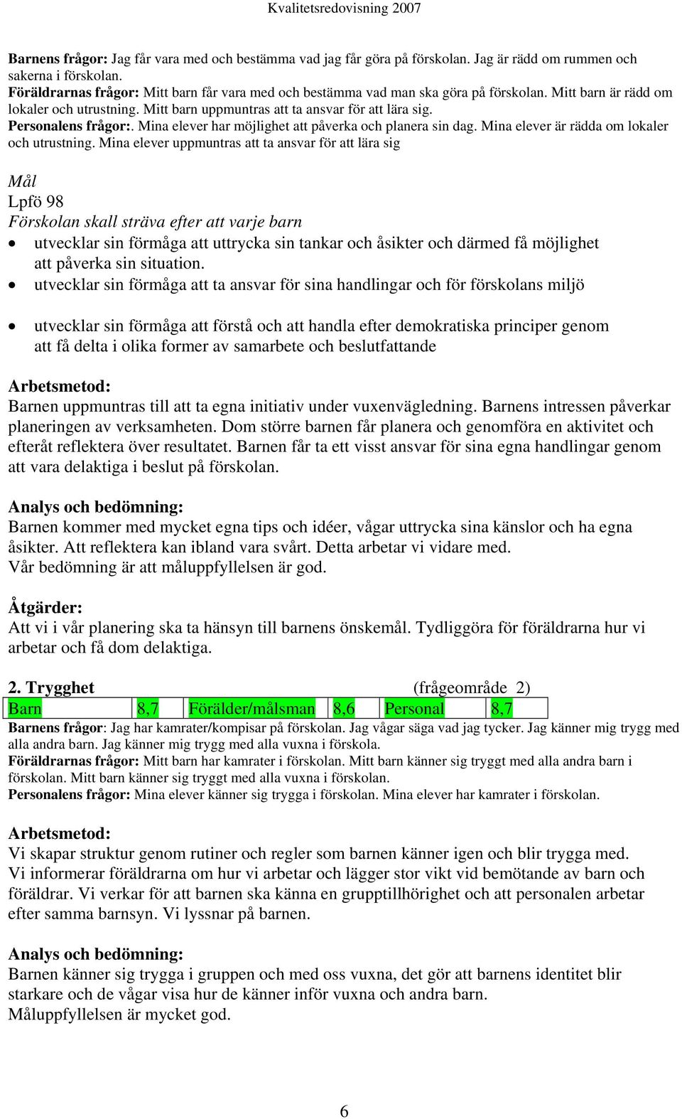 Personalens frågor:. Mina elever har möjlighet att påverka och planera sin dag. Mina elever är rädda om lokaler och utrustning.