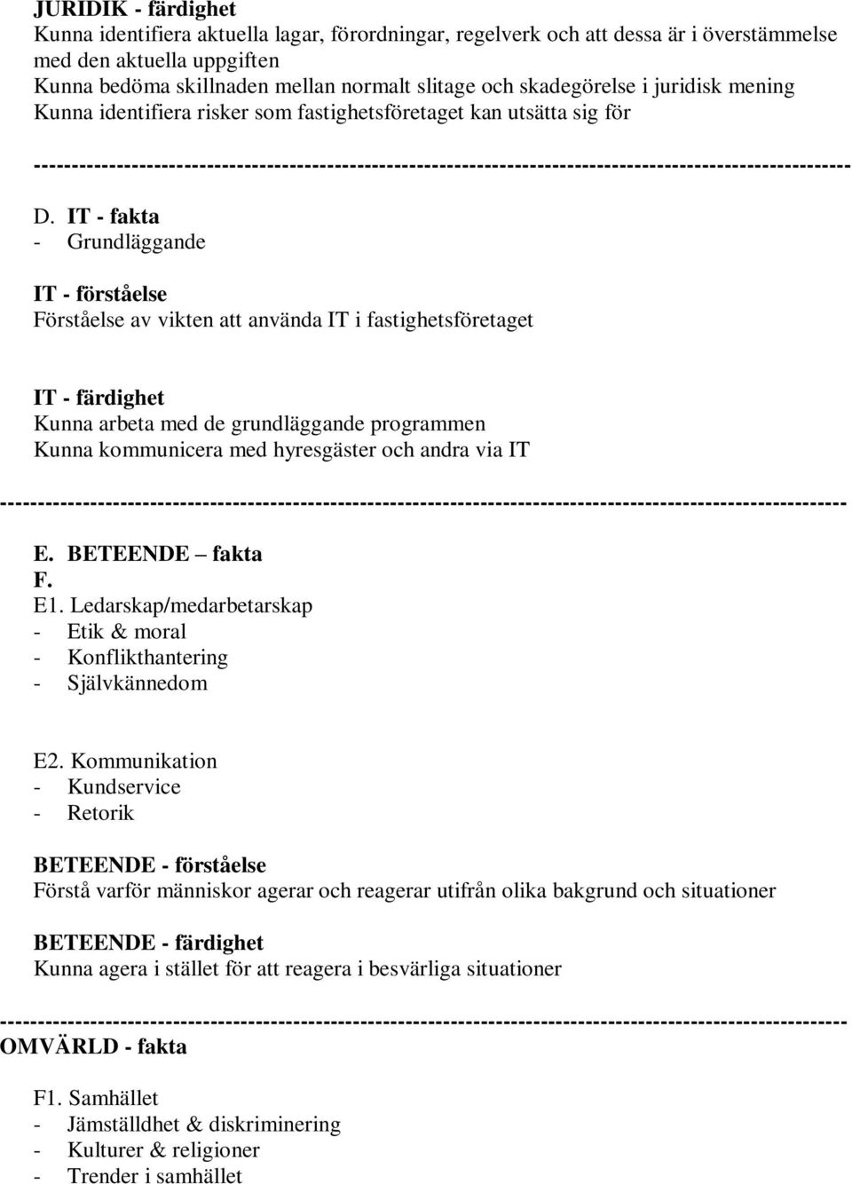 IT - fakta - Grundläggande IT - förståelse Förståelse av vikten att använda IT i fastighetsföretaget IT - färdighet Kunna arbeta med de grundläggande programmen Kunna kommunicera med hyresgäster och