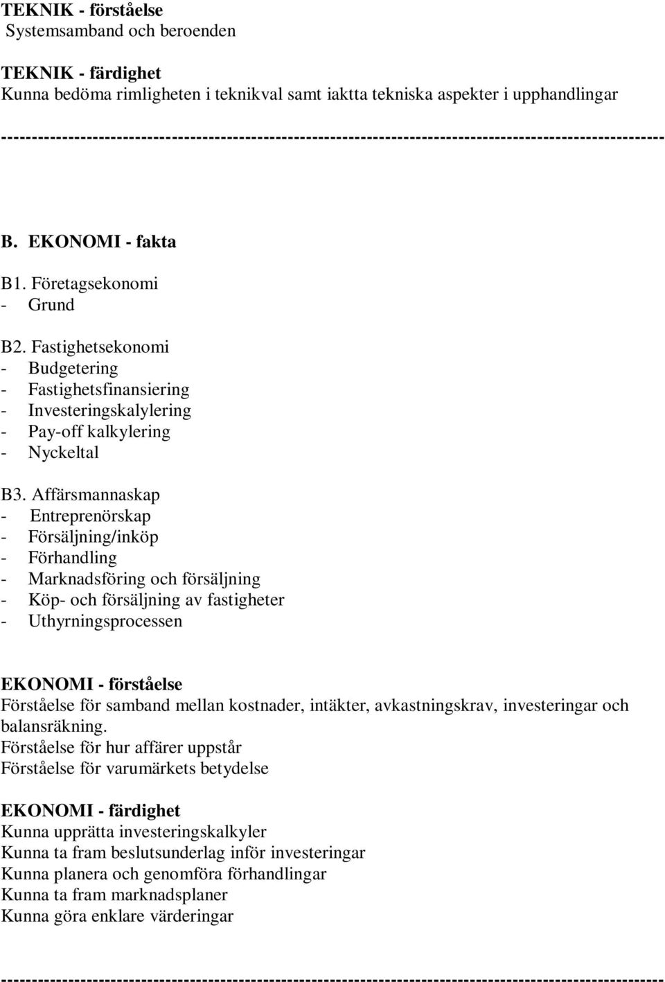 Affärsmannaskap - Entreprenörskap - Försäljning/inköp - Förhandling - Marknadsföring och försäljning - Köp- och försäljning av fastigheter - Uthyrningsprocessen EKONOMI - förståelse Förståelse för