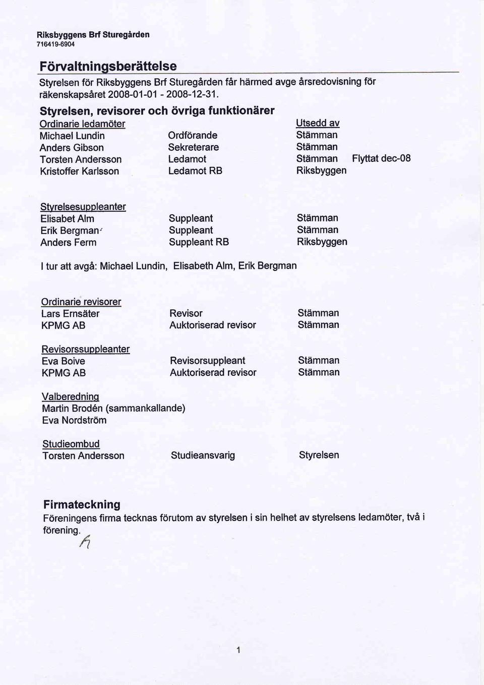 Stdmman Flyttat dec-8 Riksbyggen Styrelsesuppleanter Elisabet Alm Erik Bergman' Anders Ferm Suppleant Suppleant Suppleant RB Stdimman Stfimman Riksbyggen I tur att avga: Michael Lundin, Elisabeth