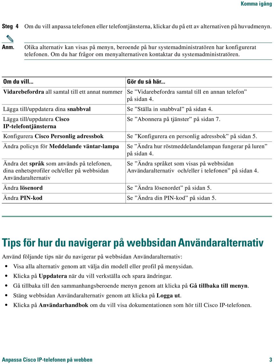 .. Gör du så här... Vidarebefordra all samtal till ett annat nummer Se Vidarebefordra samtal till en annan telefon på sidan 4. Lägga till/uppdatera dina snabbval Se Ställa in snabbval på sidan 4.