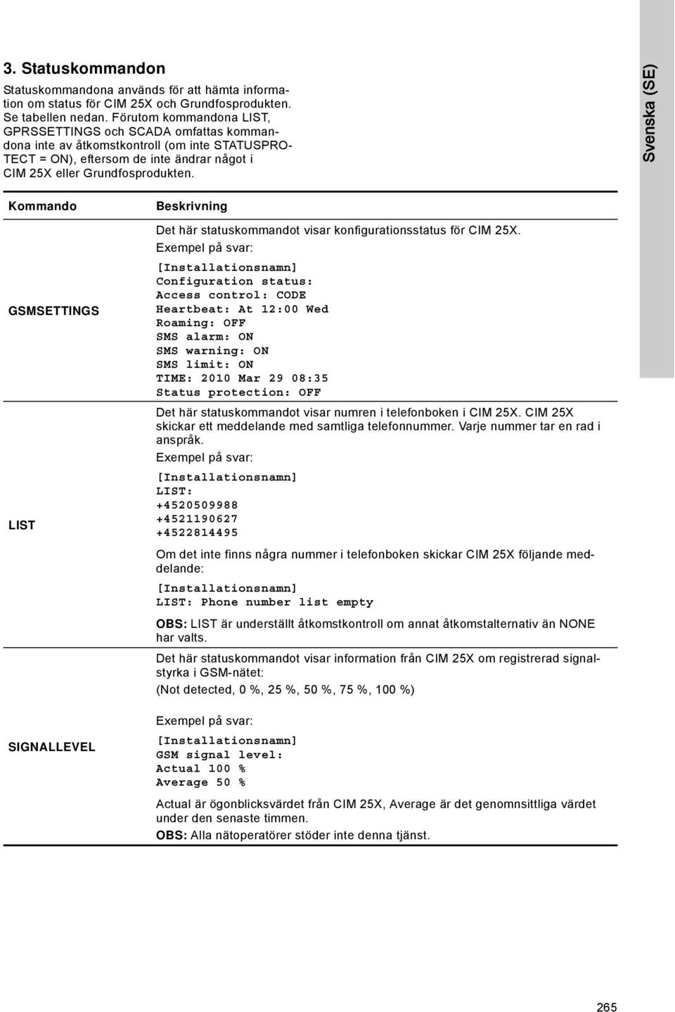 Svenska (SE) GSMSETTINGS LIST SIGNALLEVEL Det här statuskommandot visar konfigurationsstatus för CIM 25X.