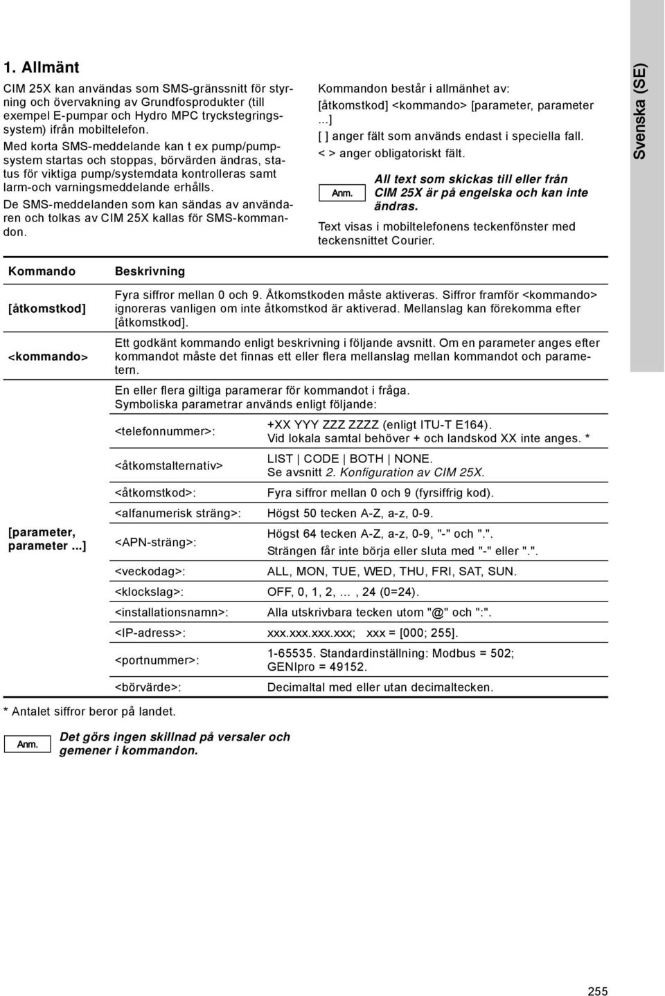 De SMS-meddelanden som kan sändas av användaren och tolkas av CIM 25X kallas för SMS-kommandon. n består i allmänhet av: [åtkomstkod] <kommando> [parameter, parameter.