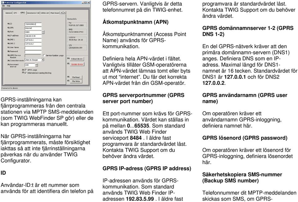 ID Användar-ID:t är ett nummer som används för att identifiera din telefon på GPRS-servern. Vanligtvis är detta telefonnumret på din TWIG-enhet.