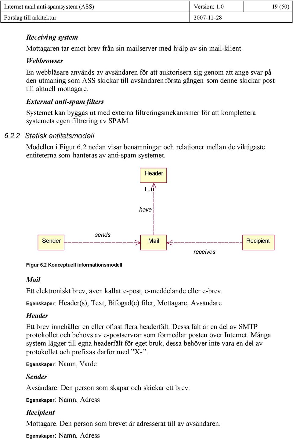 External anti-spam filters Systemet kan byggas ut med externa filtreringsmekanismer för att komplettera systemets egen filtrering av SPAM. 6.2.2 Statisk entitetsmodell Modellen i Figur 6.