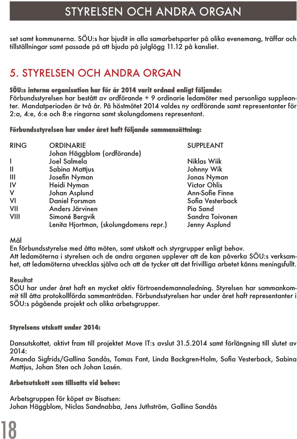 Mandatperioden är två år. På höstmötet 2014 valdes ny ordförande samt representanter för 2:a, 4:e, 6:e och 8:e ringarna samt skolungdomens representant.