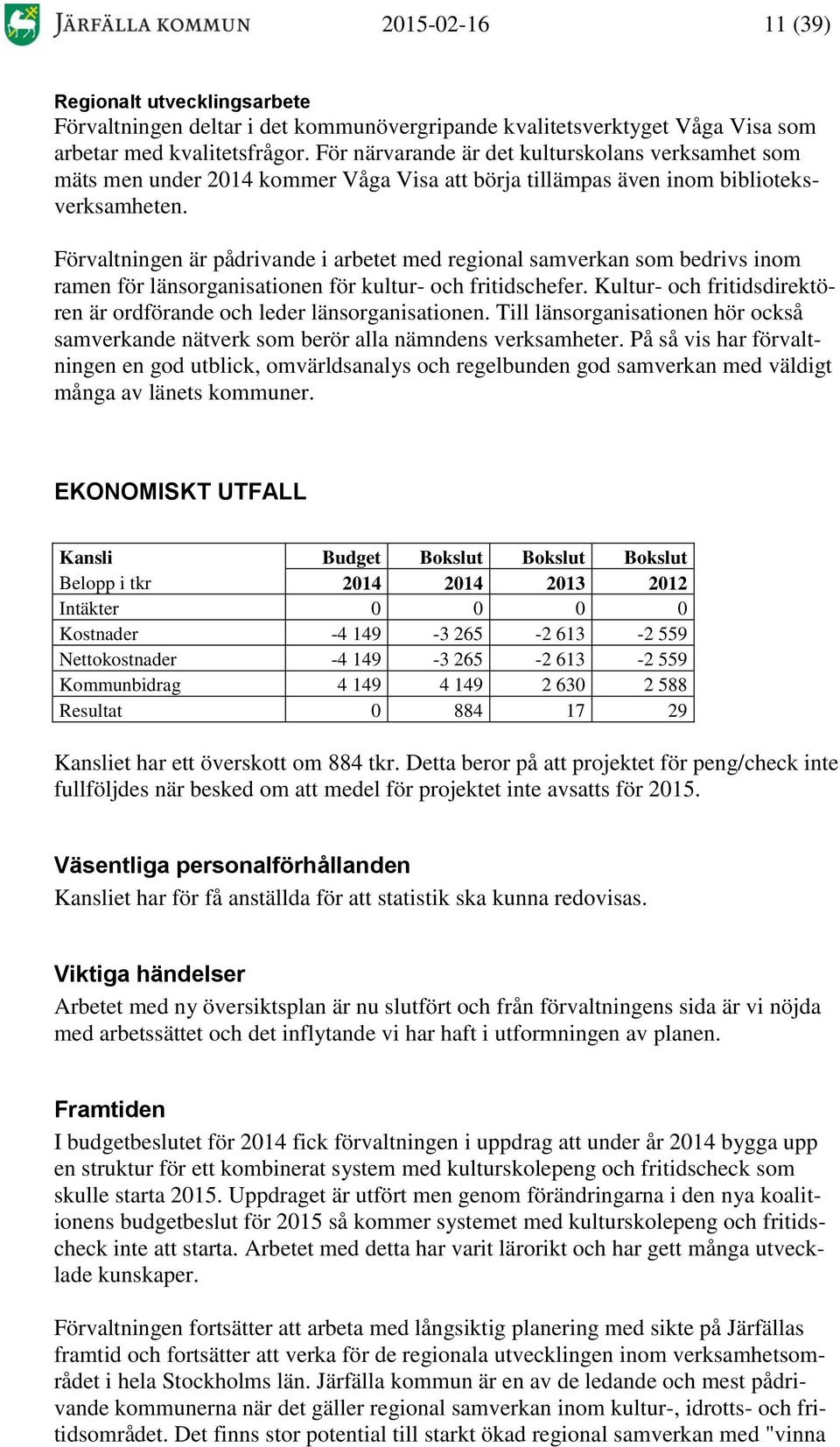 Förvaltningen är pådrivande i arbetet med regional samverkan som bedrivs inom ramen för länsorganisationen för kultur- och fritidschefer.