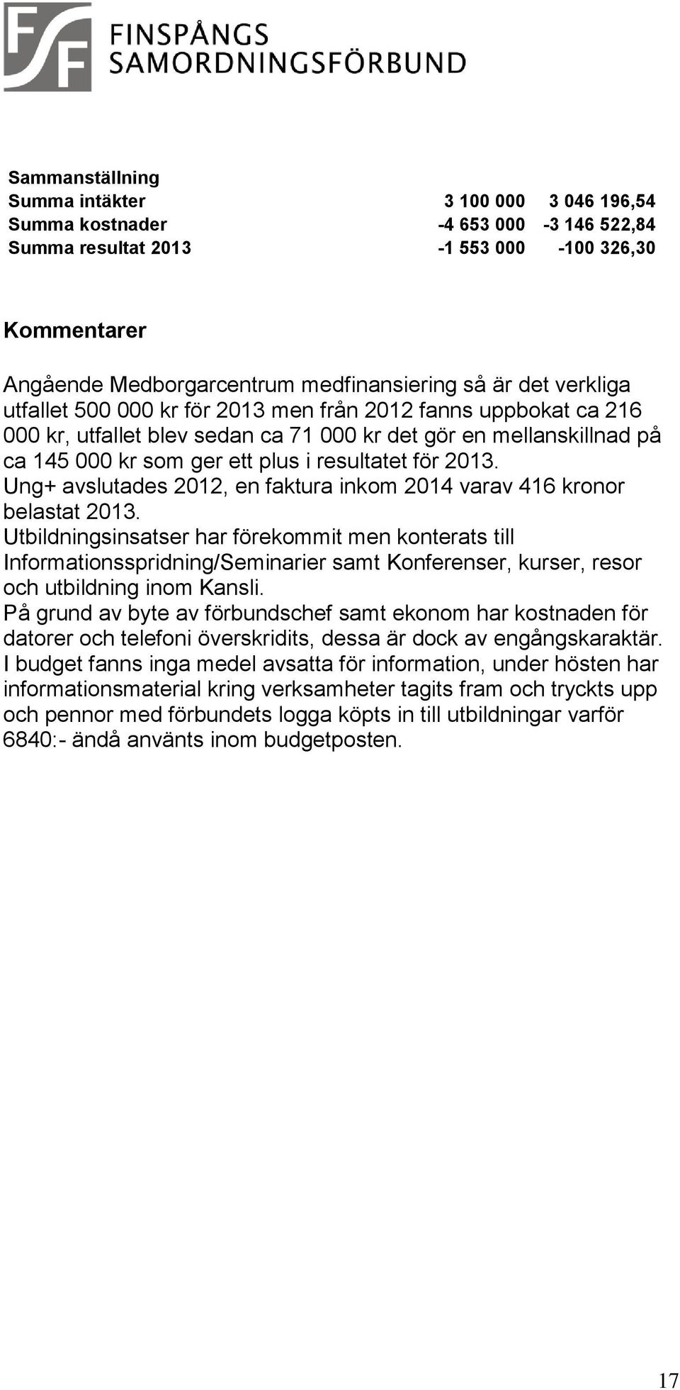 Ung+ avslutades 2012, en faktura inkom 2014 varav 416 kronor belastat 2013.