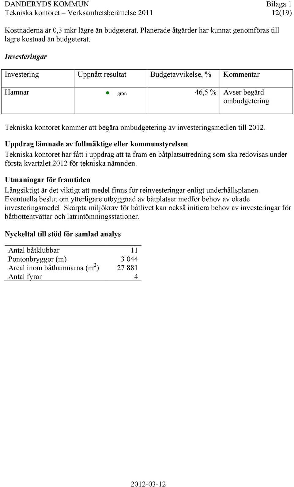 Uppdrag lämnade av fullmäktige eller kommunstyrelsen Tekniska kontoret har fått i uppdrag att ta fram en båtplatsutredning som ska redovisas under första kvartalet 2012 för tekniska nämnden.