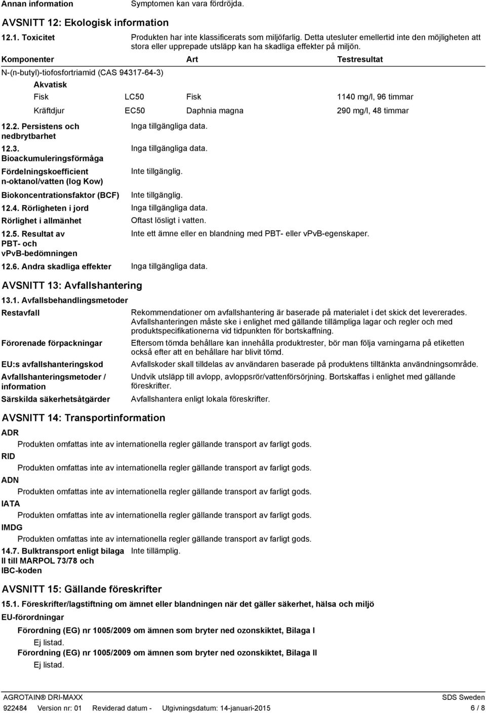 Komponenter Art Testresultat N(nbutyl)tiofosfortriamid (CAS 94317643) Akvatisk Fisk LC50 Kräftdjur EC50 Fisk Daphnia magna 12.2. Persistens och Inga tillgängliga data.