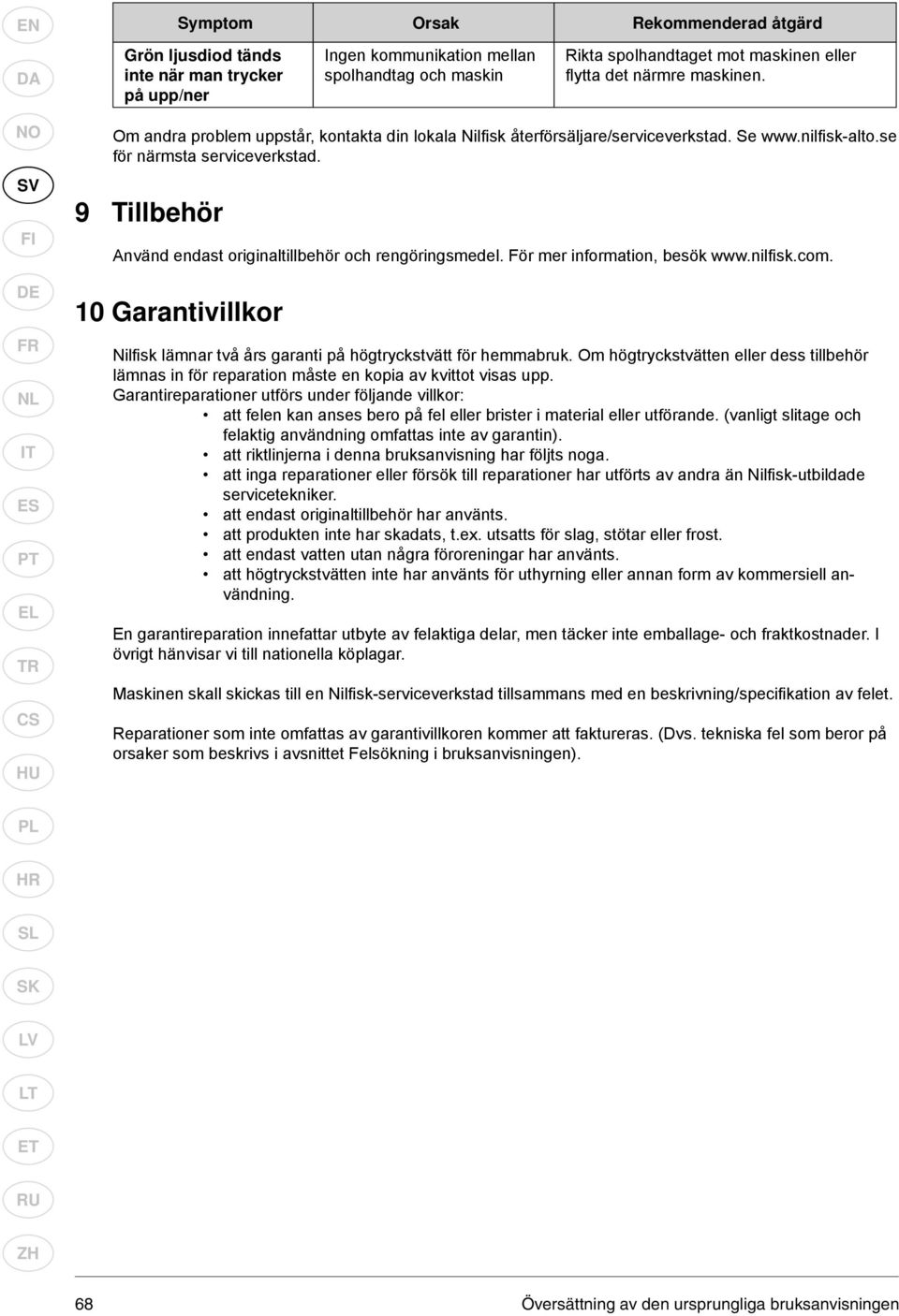 9 Tillbehör Använd endast originaltillbehör och rengöringsmedel. För mer information, besök www.nilfi sk.com. 10 Garantivillkor Nilfi sk lämnar två års garanti på högtryckstvätt för hemmabruk.